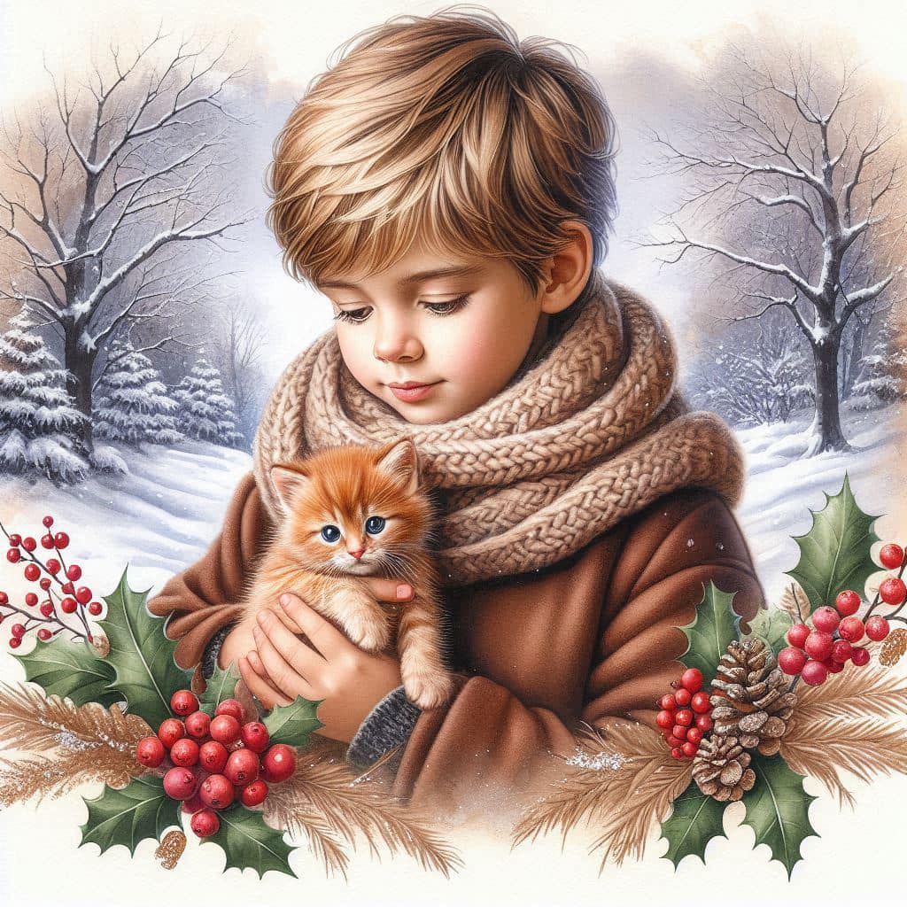 Boy in brown coat holding orange kitten in winter scene with snow-covered trees and holly berries