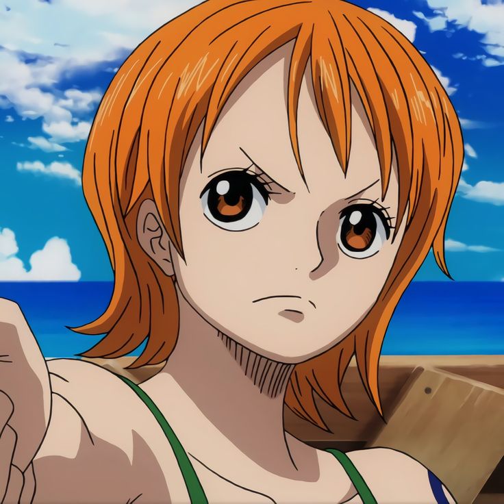 Anime girl with orange hair and brown eyes in green bikini top at beach