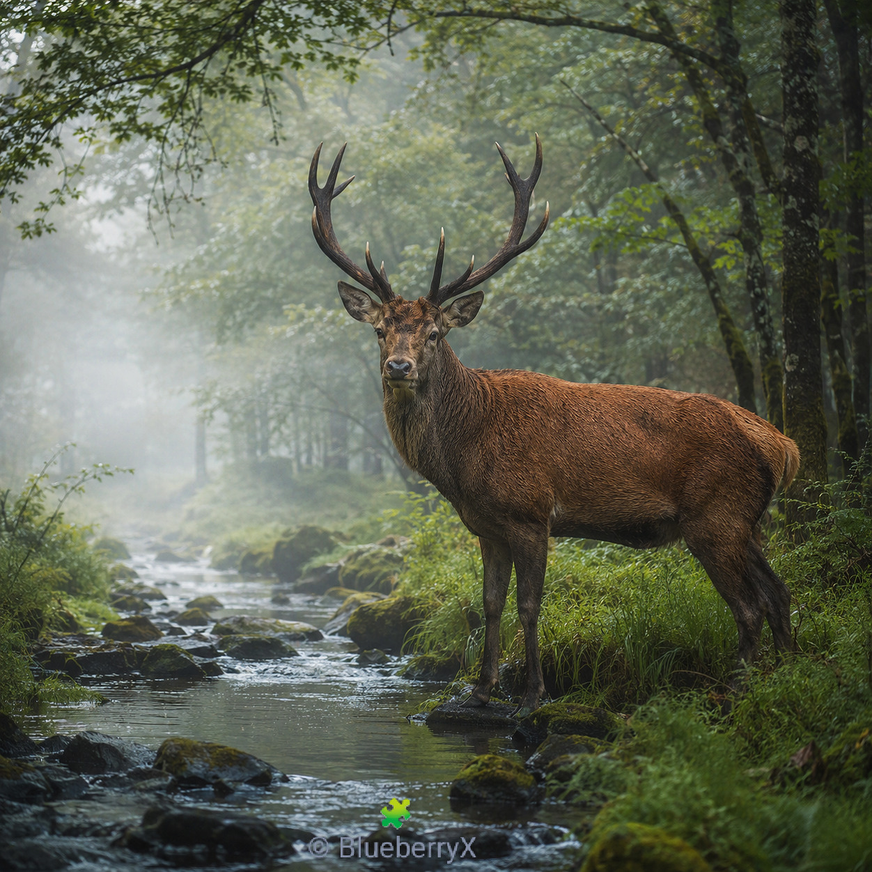 Brown stag with antlers standing by stream in misty forest with green foliage and soft sunlight