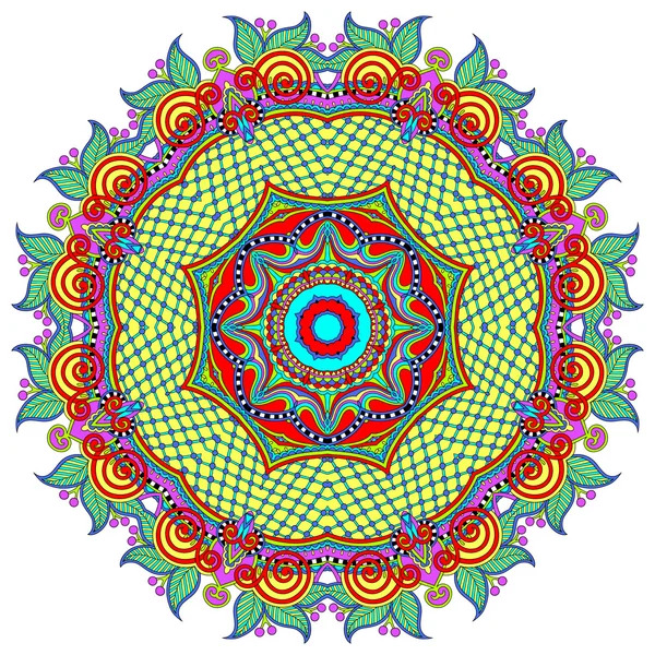 Circular mandala with floral petals, concentric geometric patterns, and vibrant colors