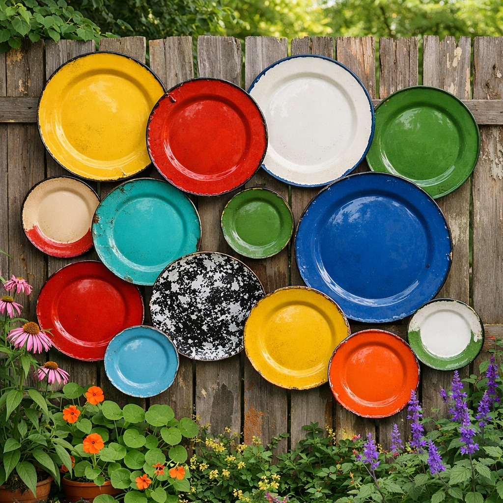 Colorful plates mounted on a wooden fence with flowers below