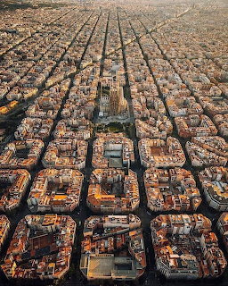 Aerial view of Barcelona city blocks with the Sagrada Familia at the center
