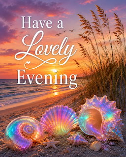 Colorful seashells on a beach at sunset with dune grass, ocean waves, and Have a Lovely Evening text.