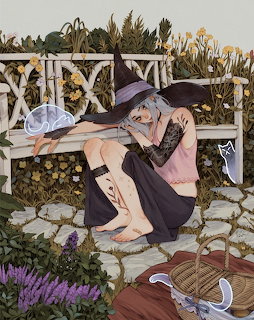 Witch with hat and silver hair resting on garden path beside bench and flowers