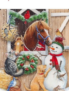 Christmas barn scene with horse, cat, dog and snowman with holiday decorations