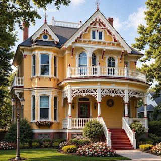 Yellow Victorian house with ornate white trim, porch, stairs, and flower garden