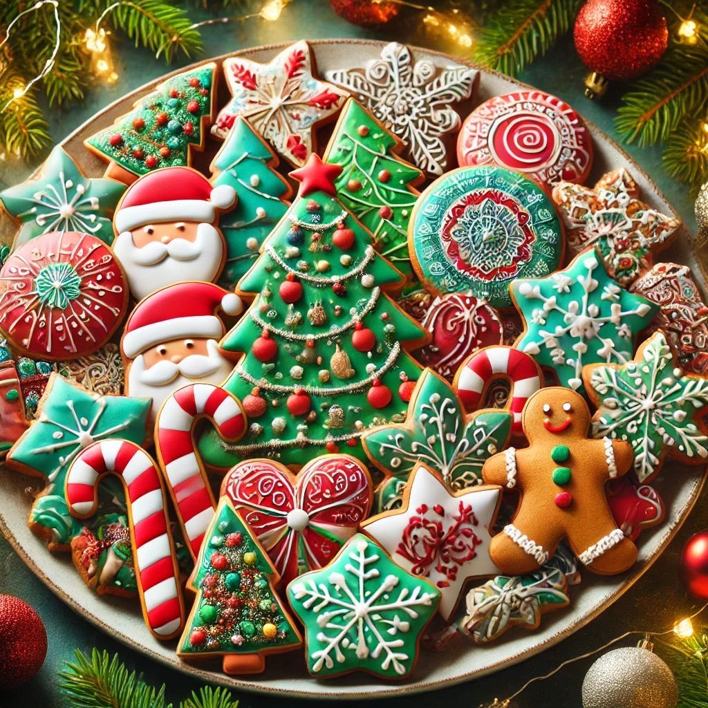 Colorful Christmas cookies decorated with icing arranged on a plate with ornaments and pine branches