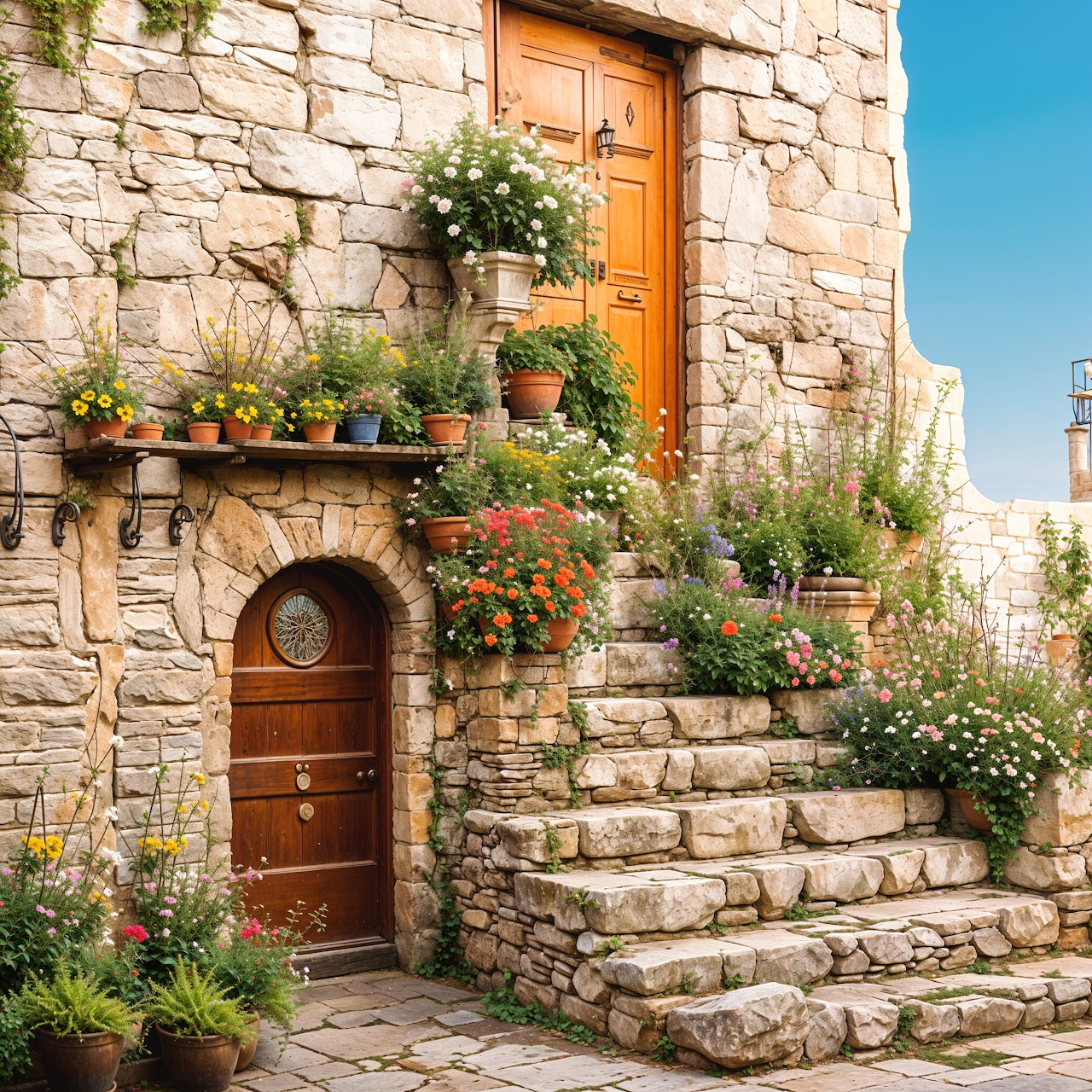 Stone steps with wooden doors and flower pots on old limestone building