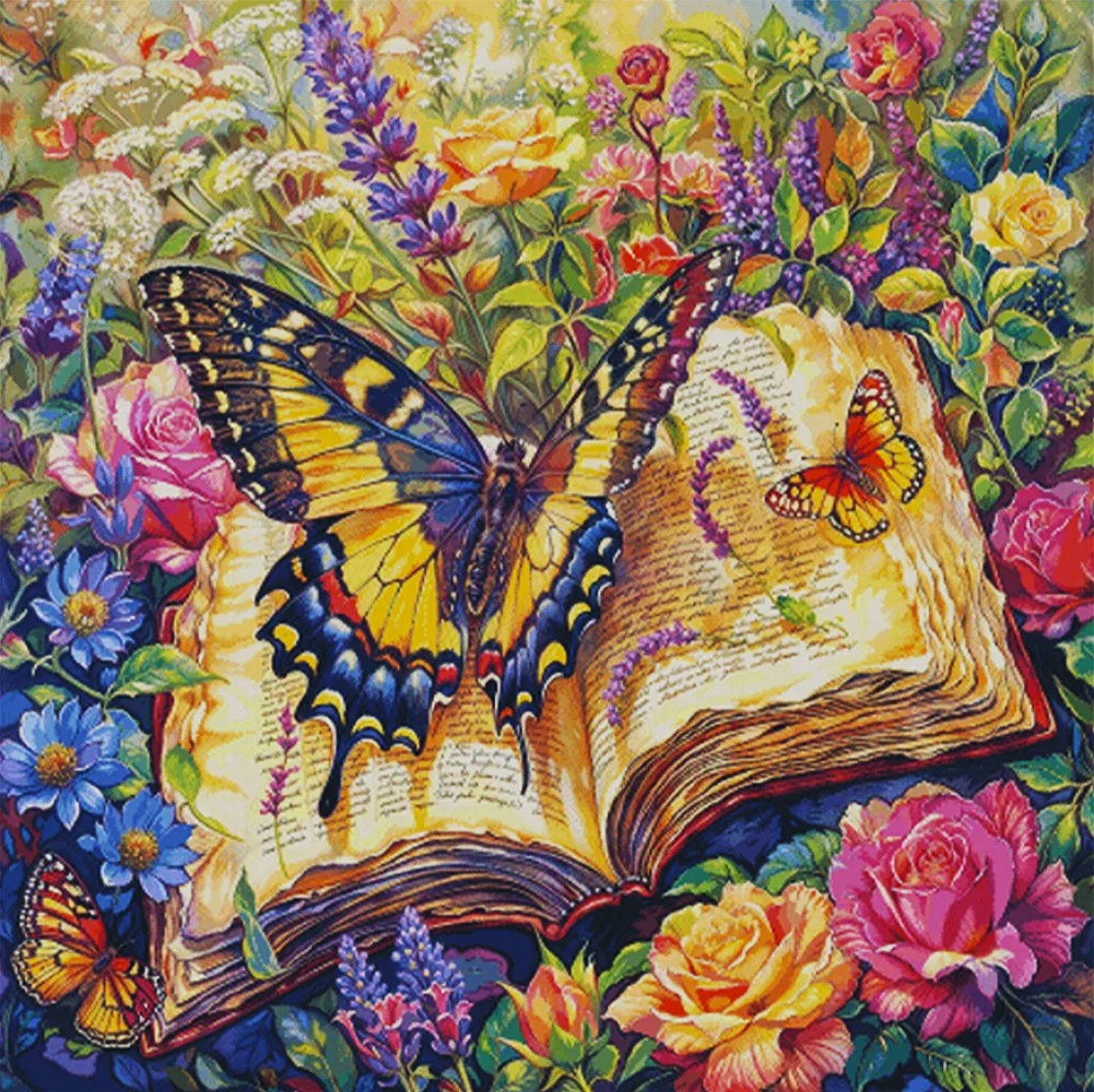Open book with butterflies and flowers in a colorful garden scene