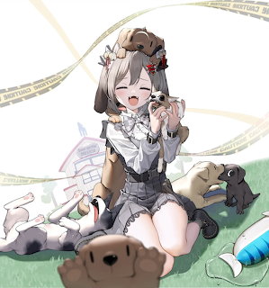 Anime girl in maid costume sitting with multiple puppies and dogs around her on green grass