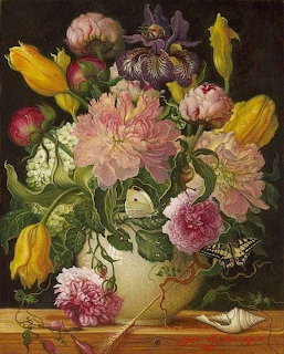 Oil painting of mixed flowers in vase including peonies, tulips and iris on wooden surface