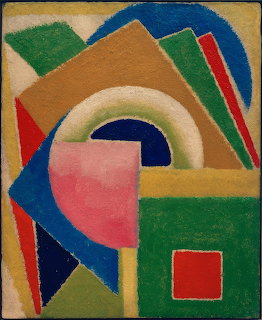 Abstract geometric painting with bold colorful shapes including arches, rectangles and a pink semicircle