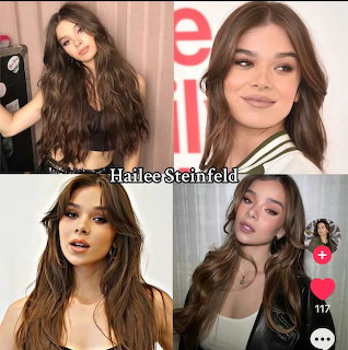 Four-photo collage of a brunette woman posing in close-up portraits
