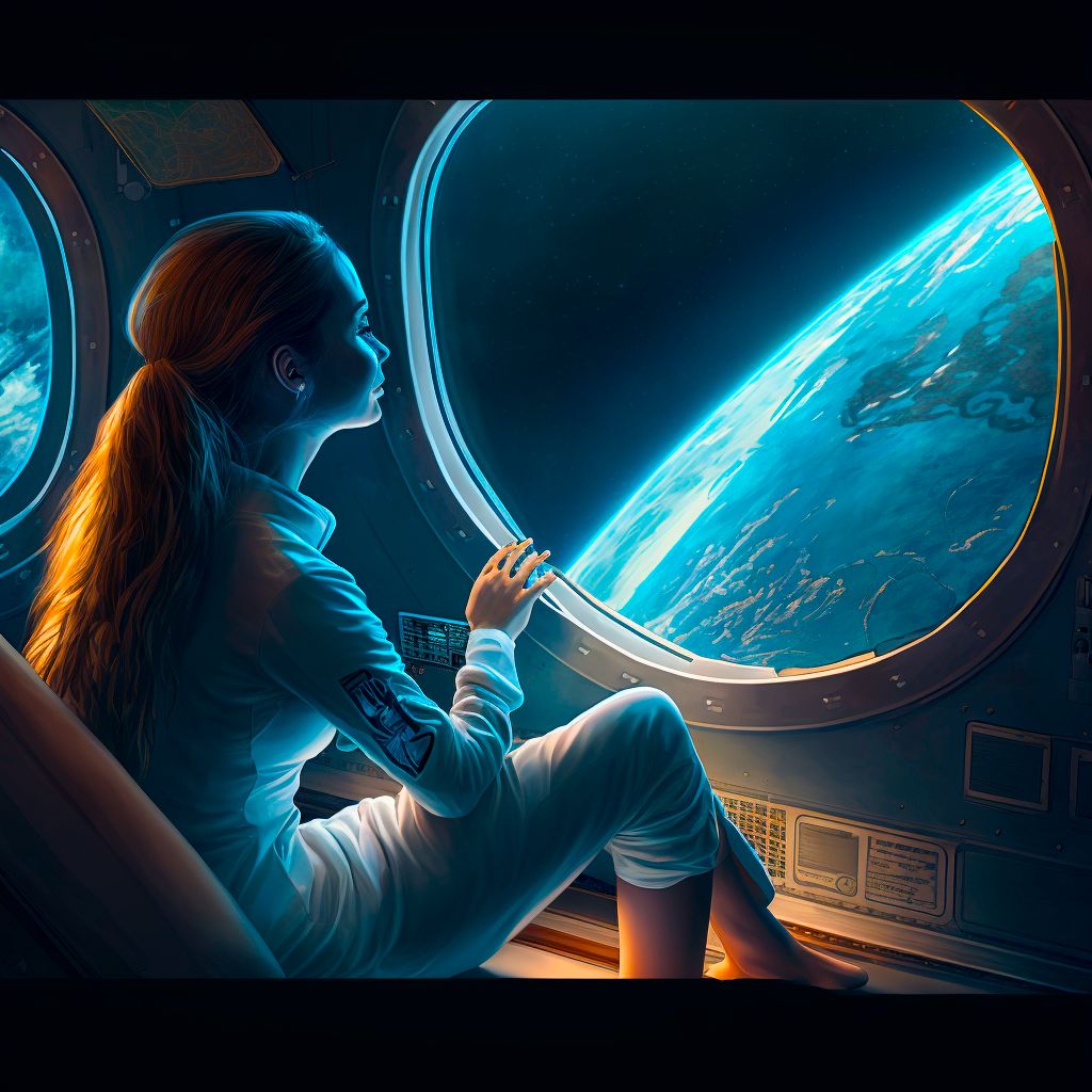 Woman in a white spacesuit sitting by a spaceship window, looking at Earth from space