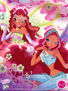 Two fairy characters with long hair, wings, and colorful outfits in a magical pink setting with flowers