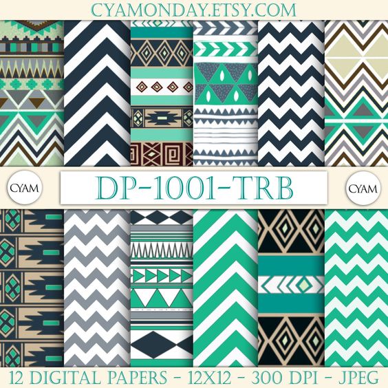 Collage of teal, black, white, and beige geometric and tribal patterned paper sheets