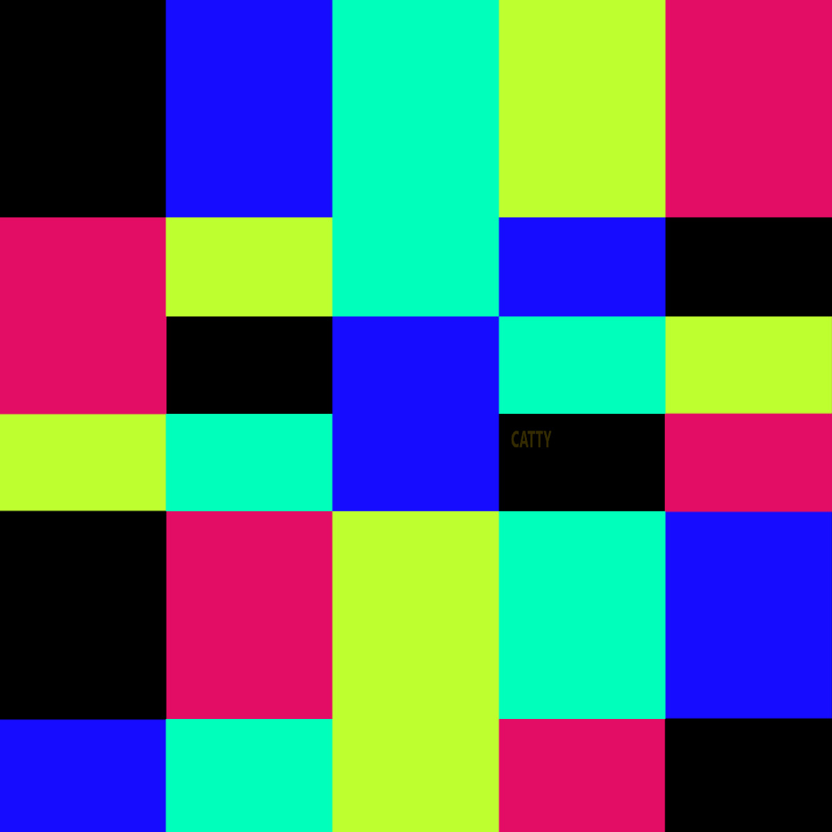 Grid of bright neon colored squares in blue, cyan, yellow, magenta and black arranged in abstract pattern