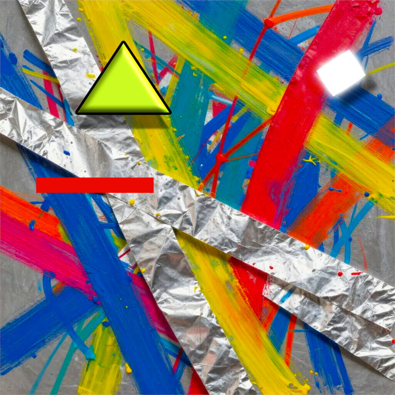 Abstract collage with colorful paint strokes, silver foil strips, a green triangle, and a red bar