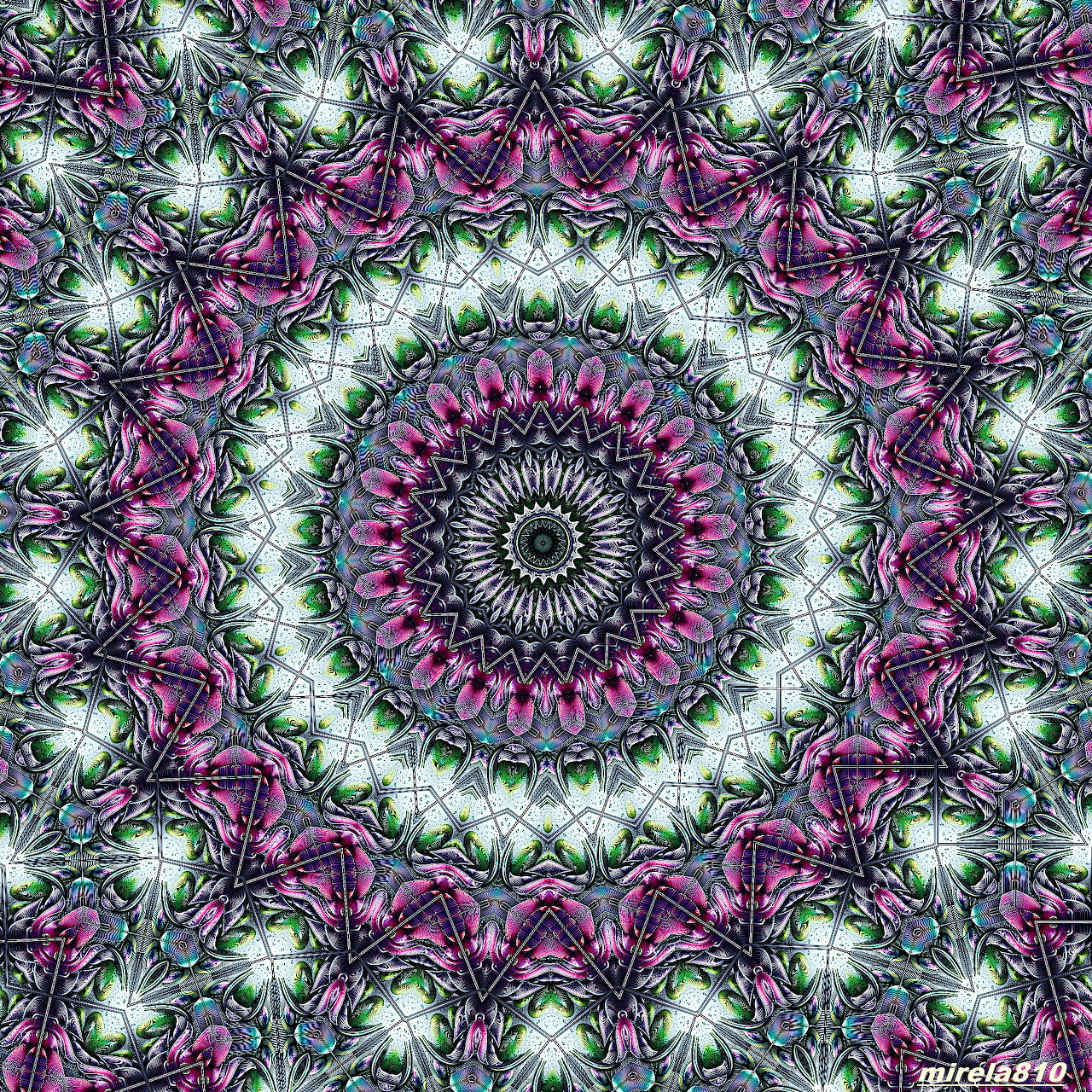 Symmetrical mandala with purple, green, and white geometric patterns in concentric circles