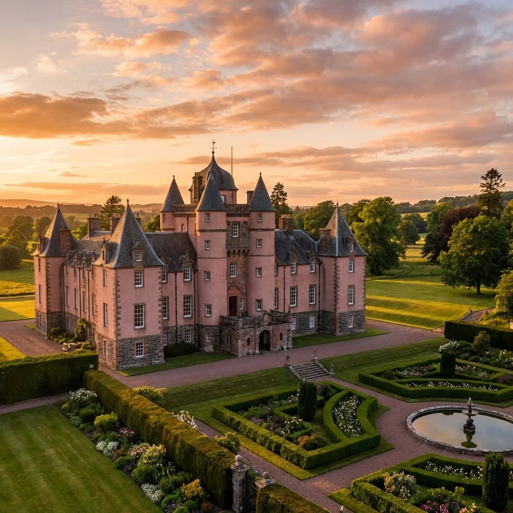 Pink stone castle with formal gardens at sunset