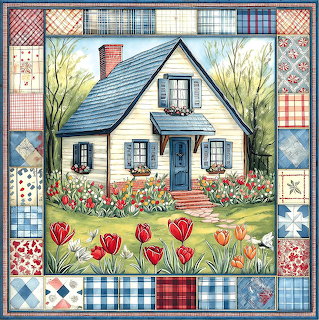 Illustration of a cottage with tulip garden in decorative quilt-style frame