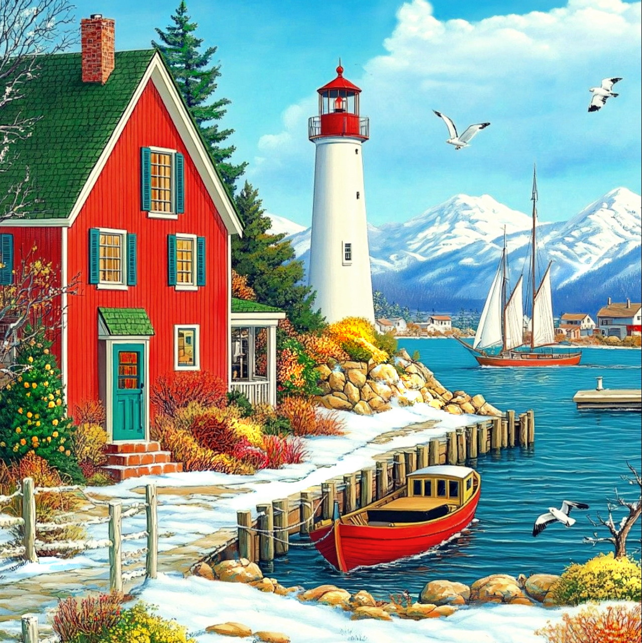 Colorful illustration of coastal village with lighthouse, red house, boats, mountains, and winter flowers
