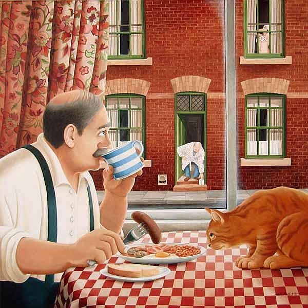 Man in suspenders drinking from blue mug at breakfast table with orange cat, red brick building background