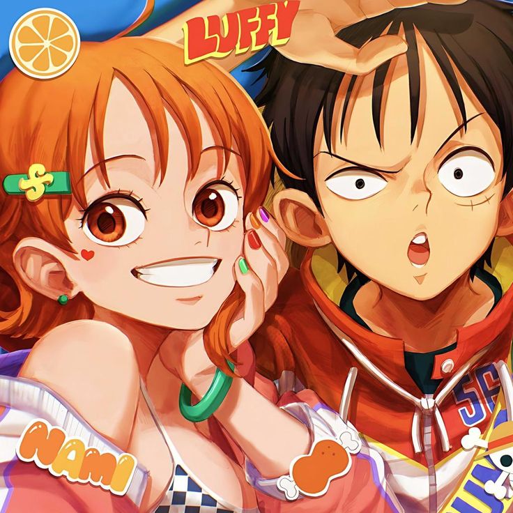 Anime art showing two cheerful characters, one with orange hair and one in red, smiling together