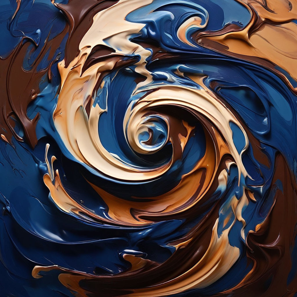 Abstract art with swirling blue and brown glossy ribbons in spiral pattern
