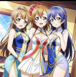Three anime girls in idol costumes posing together
