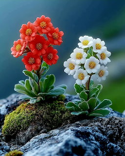 Two miniature flowering plants with orange and white blossoms on a mossy rock