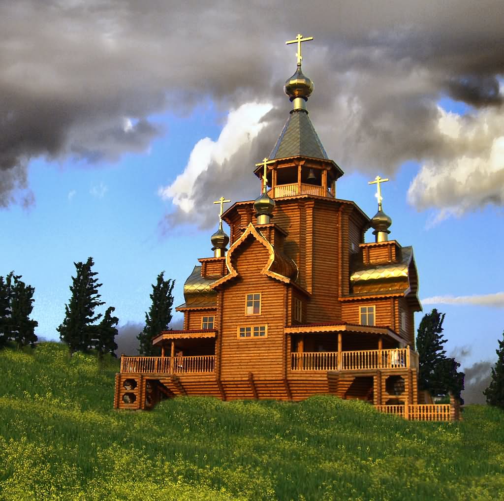 Wooden Orthodox church with multiple domes and crosses on grassy hill with stormy sky