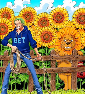 Anime character in blue outfit beside fence with sunflowers and lion decoration under sunny sky