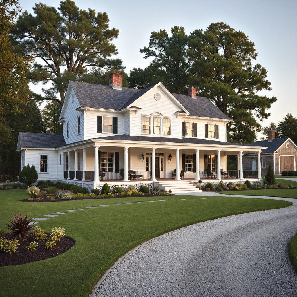 White farmhouse with wraparound porch and black shutters on green lawn with trees