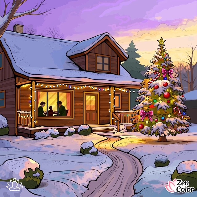 Illustration of a snowy cottage at dusk with a lit Christmas tree in the yard