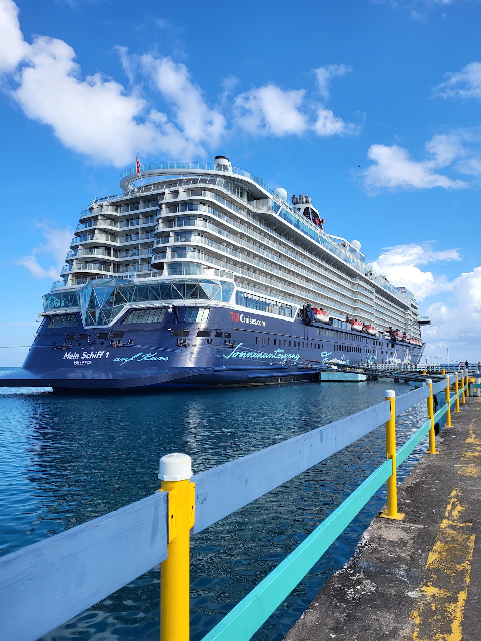 Mein Schiff 1 cruise ship docked beside a pier under a blue sky