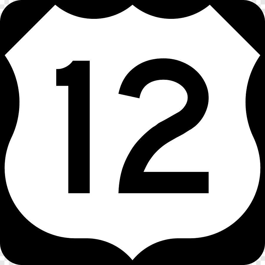Black number 12 inside a white shield-shaped sign with black border