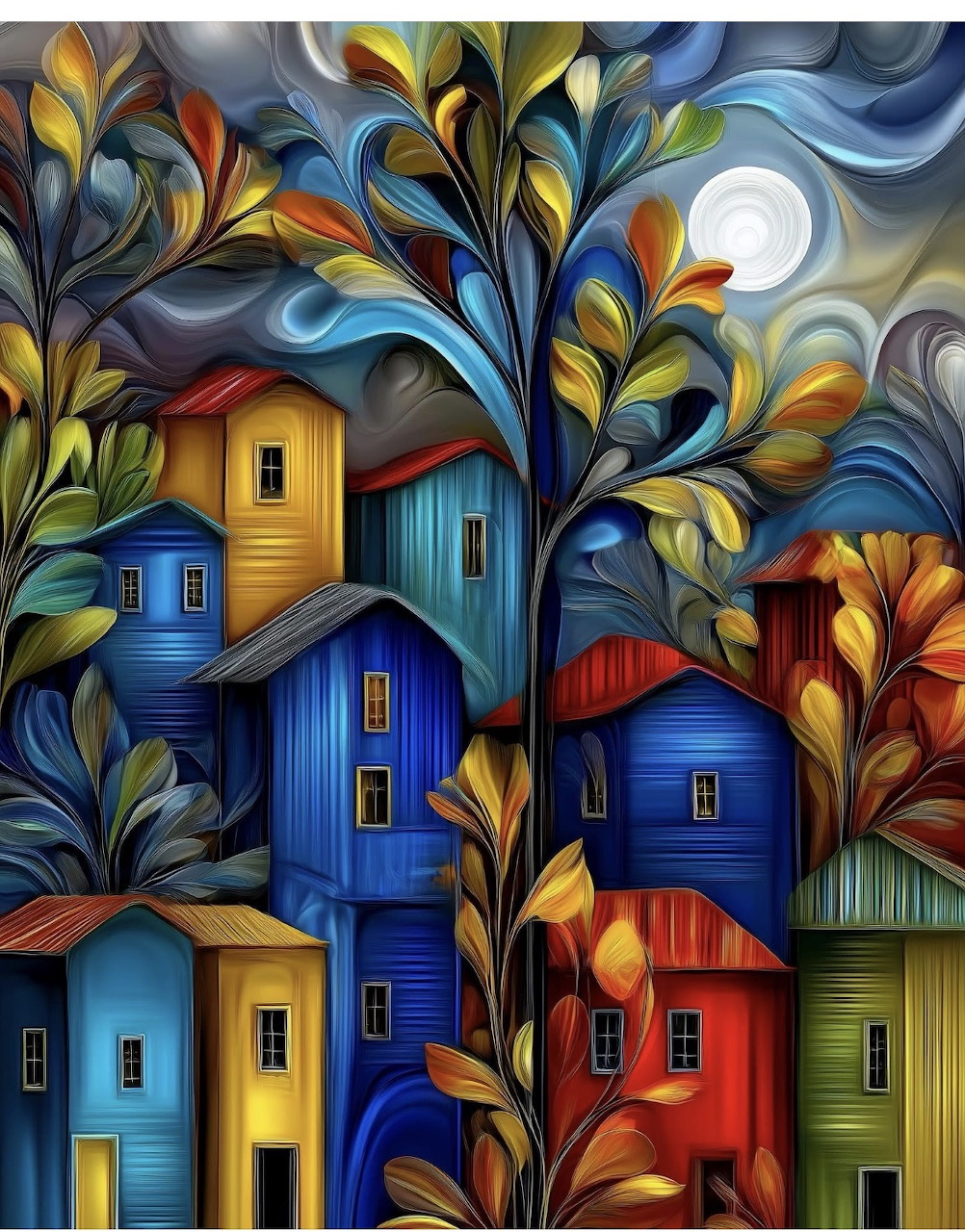 Stylized 3D illustration of colorful village houses with swirling trees under a full moon at night