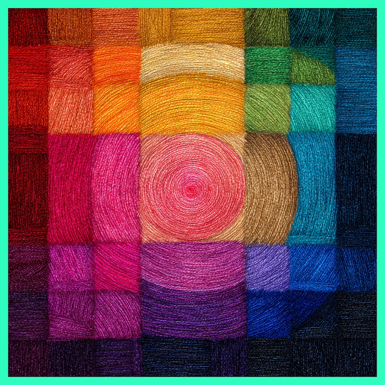 Colorful yarn arranged in concentric circles forming a bullseye pattern on a rainbow patchwork grid background