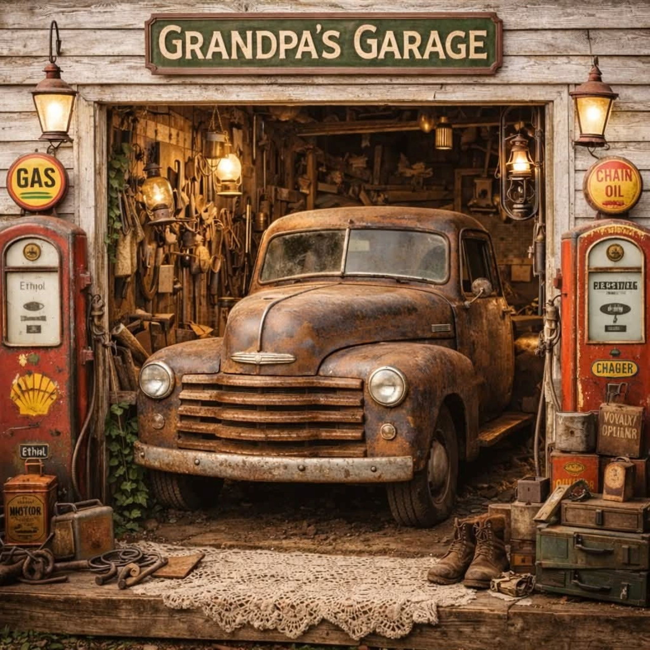 Rusty vintage pickup truck in an old garage surrounded by tools, gas pumps, and antique decor