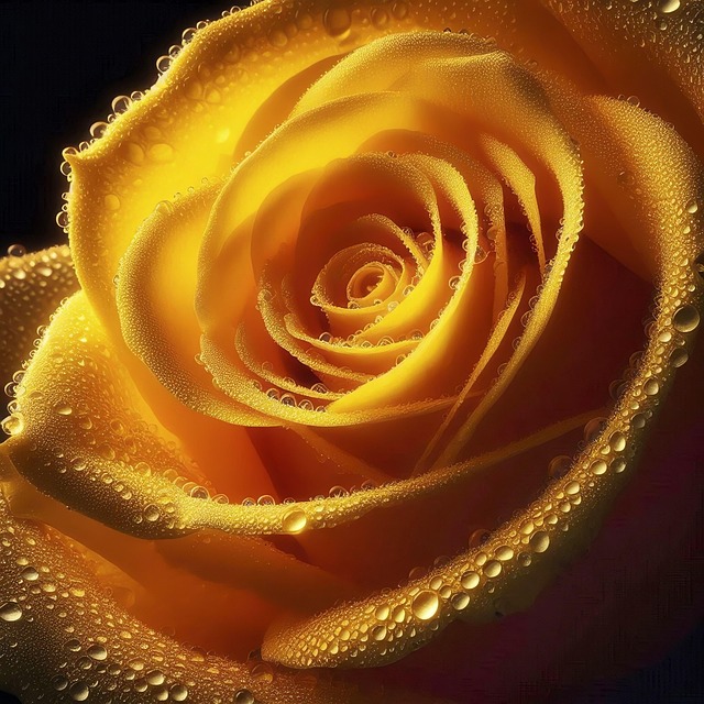 Macro view of a yellow rose covered in dew drops