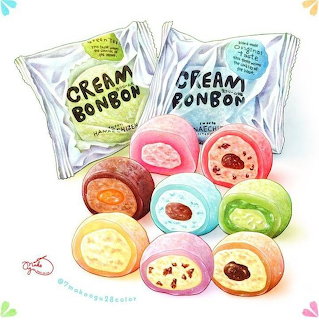 Illustration of wrapped Cream Bonbon candies and colorful sliced sweets with creamy fillings
