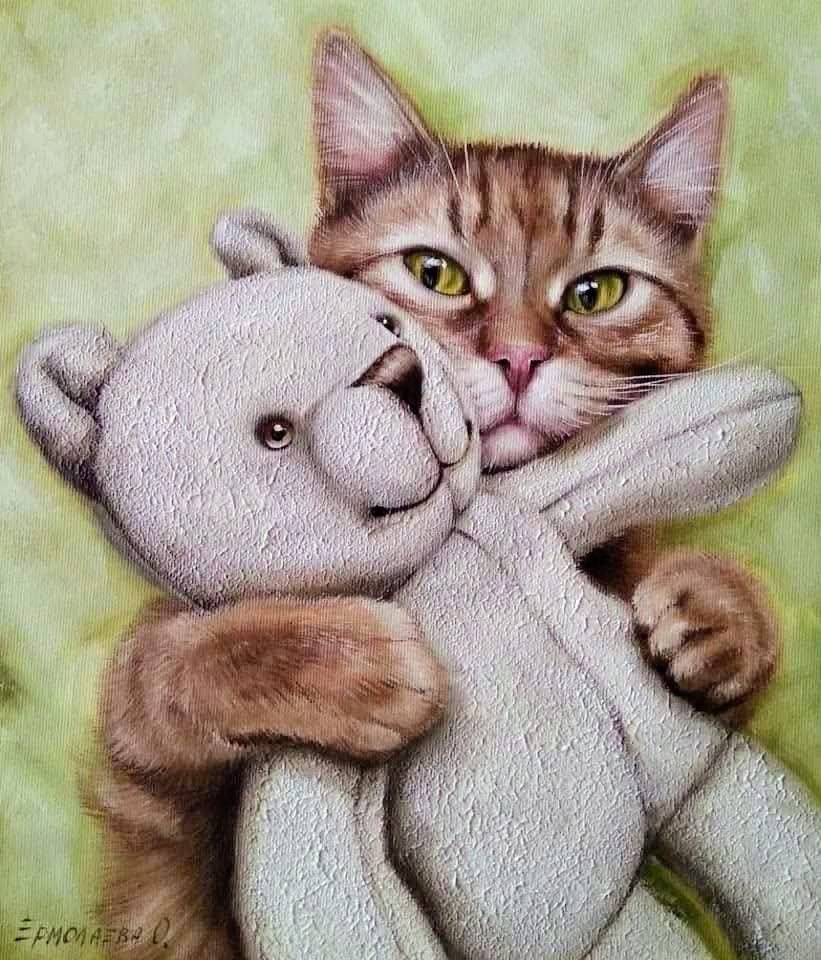 Painting of a tabby cat hugging a white teddy bear