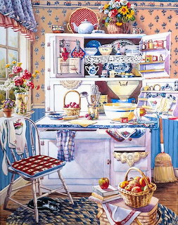 Charming vintage kitchen with white stove, blue cabinets, patterned wallpaper, shelves of dishes, and fresh produce