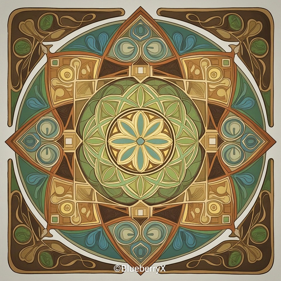 Ornate symmetrical mandala with Art Nouveau style patterns in teal, gold and cream colors
