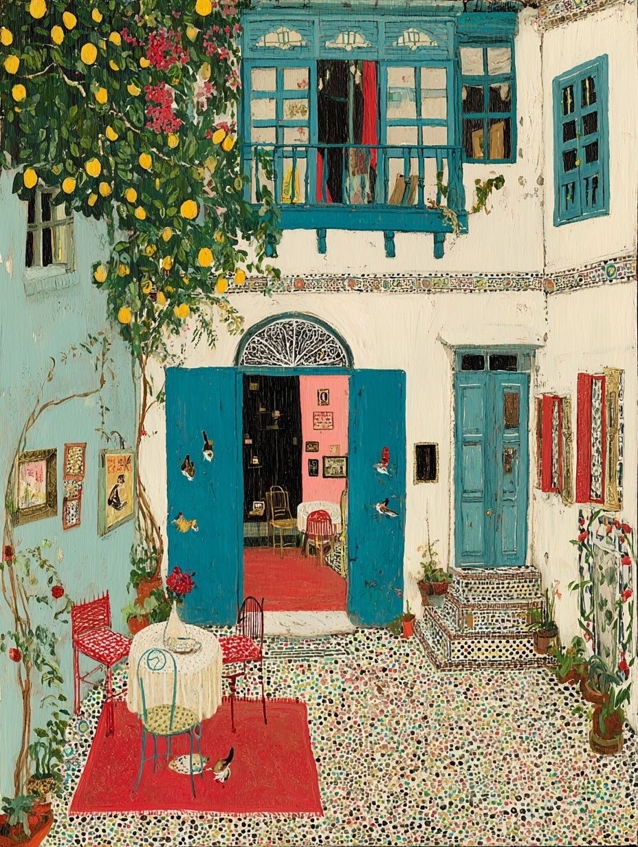 Painting of a Mediterranean courtyard with blue doors, lemon tree, mosaic floor, and colorful windows