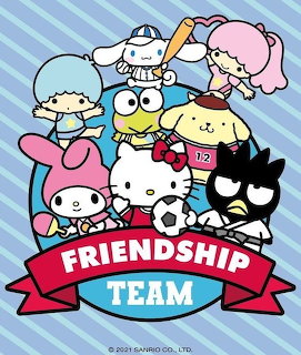 Sanrio characters group illustration with Hello Kitty, My Melody, and friends labeled Friendship Team