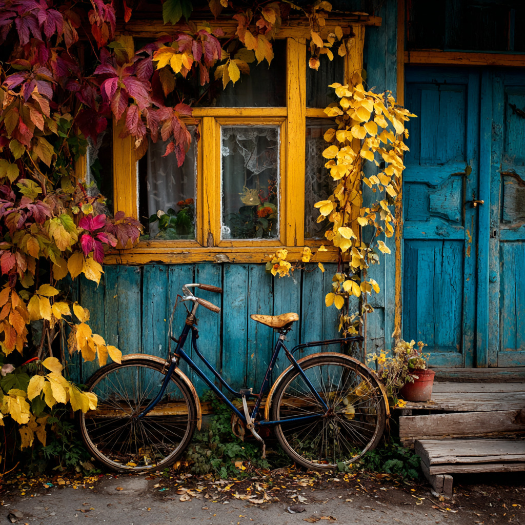 Old bicycle in front of weathered blue house with autumn leaves and yellow window