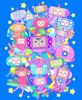Kawaii illustration of cute robot characters with square heads, stars, and donuts on a bright blue background