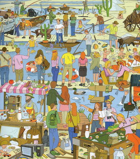 Illustration of bustling beach market scene with vendors, shoppers, tables, umbrellas, and seaside setting